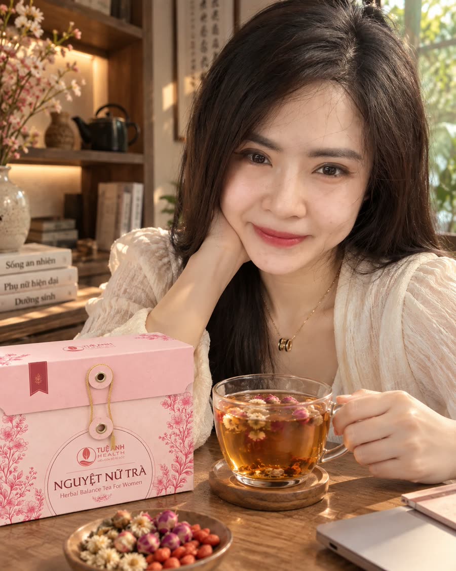 Người phụ nữ thưởng trà Nguyệt Nữ bên hộp trà