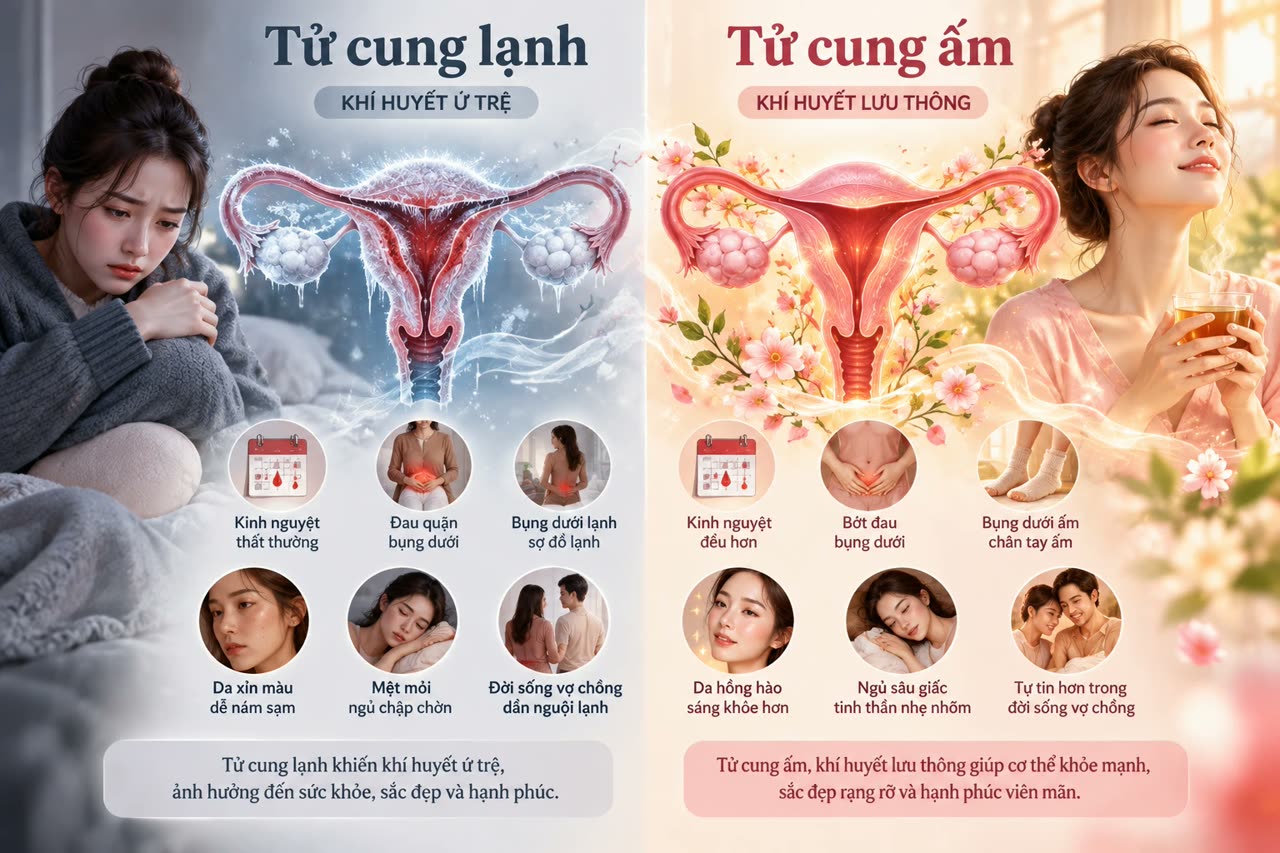 So sánh tử cung lạnh (khí huyết ứ trệ: kinh nguyệt thất thường, đau quặn bụng dưới, bụng dưới lạnh, da xỉn màu, mệt mỏi, đời sống vợ chồng nguội lạnh) và tử cung ấm (khí huyết lưu thông: kinh nguyệt đều hơn, bớt đau bụng dưới, chân tay ấm, da hồng hào, ngủ sâu giấc, tự tin hơn)